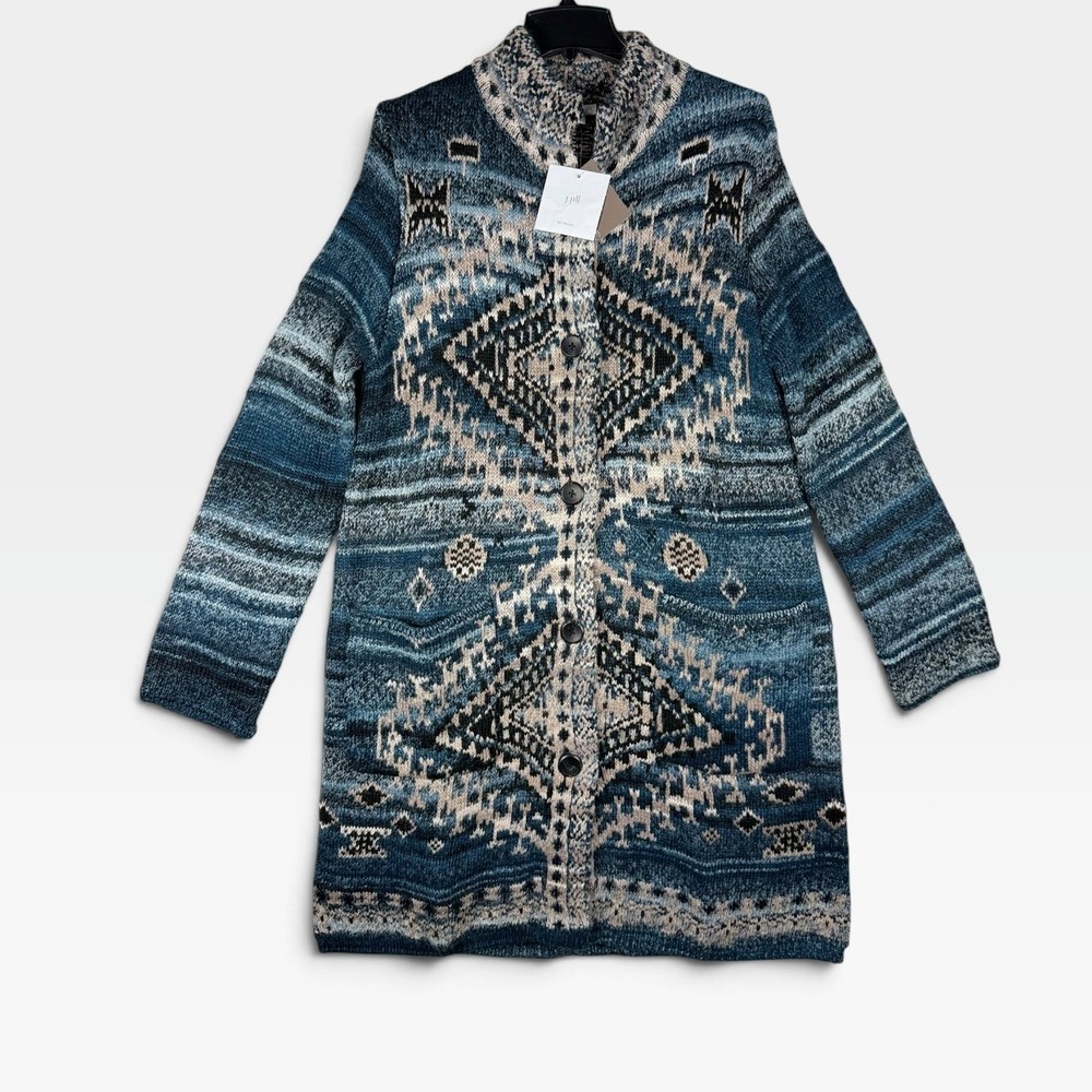 J. Jill Cardigan Longline Intarsia Womens M Indigo Blue Wool Blend NWT